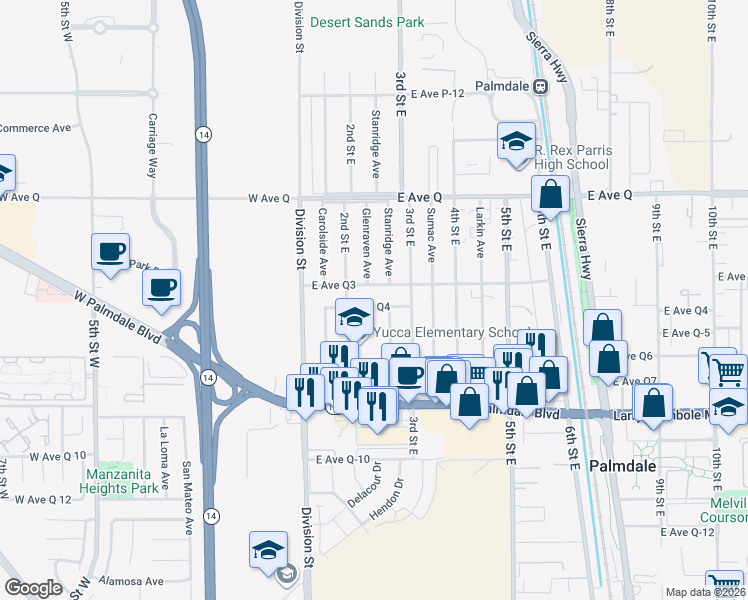map of restaurants, bars, coffee shops, grocery stores, and more near 233 East Avenue Q4 in Palmdale