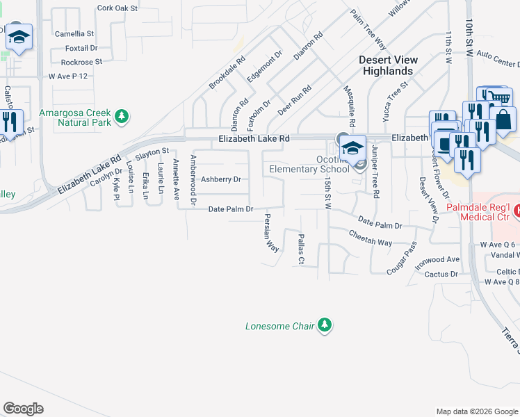 map of restaurants, bars, coffee shops, grocery stores, and more near 1659 Date Palm Drive in Palmdale
