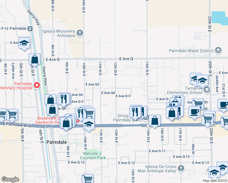 map of restaurants, bars, coffee shops, grocery stores, and more near 38619 12th Street East in Palmdale