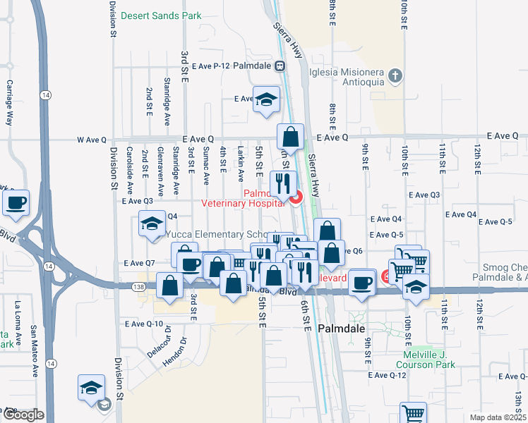 map of restaurants, bars, coffee shops, grocery stores, and more near 504 East Avenue Q-3 in Palmdale