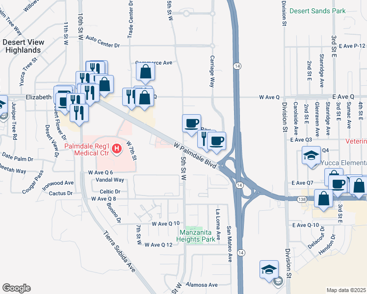 map of restaurants, bars, coffee shops, grocery stores, and more near West Palmdale Boulevard in Palmdale