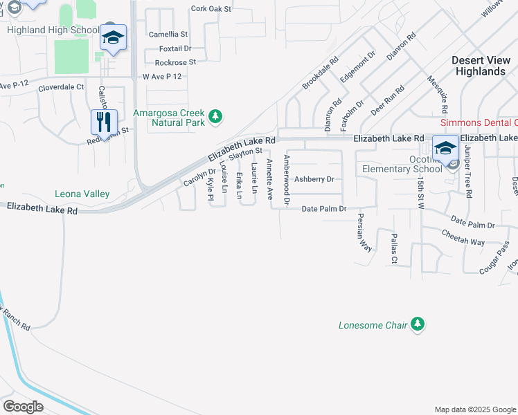 map of restaurants, bars, coffee shops, grocery stores, and more near 38600 Laurie Lane in Leona Valley