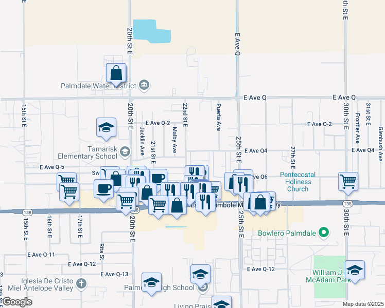 map of restaurants, bars, coffee shops, grocery stores, and more near 32 East Avenue Q-4 in Palmdale