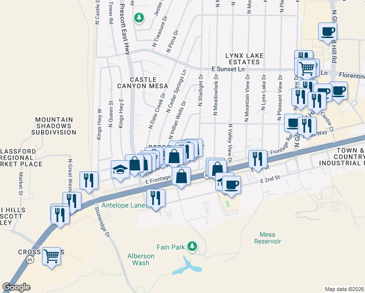 map of restaurants, bars, coffee shops, grocery stores, and more near 2820 North Superstition Lane in Prescott Valley