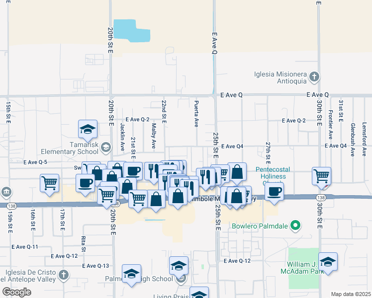 map of restaurants, bars, coffee shops, grocery stores, and more near 38609 Puerta Avenue in Palmdale