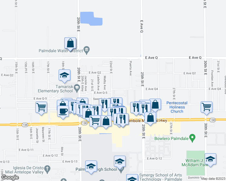map of restaurants, bars, coffee shops, grocery stores, and more near 32 East Avenue Q-4 in Palmdale