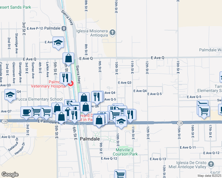 map of restaurants, bars, coffee shops, grocery stores, and more near 38601 10th Street East in Palmdale