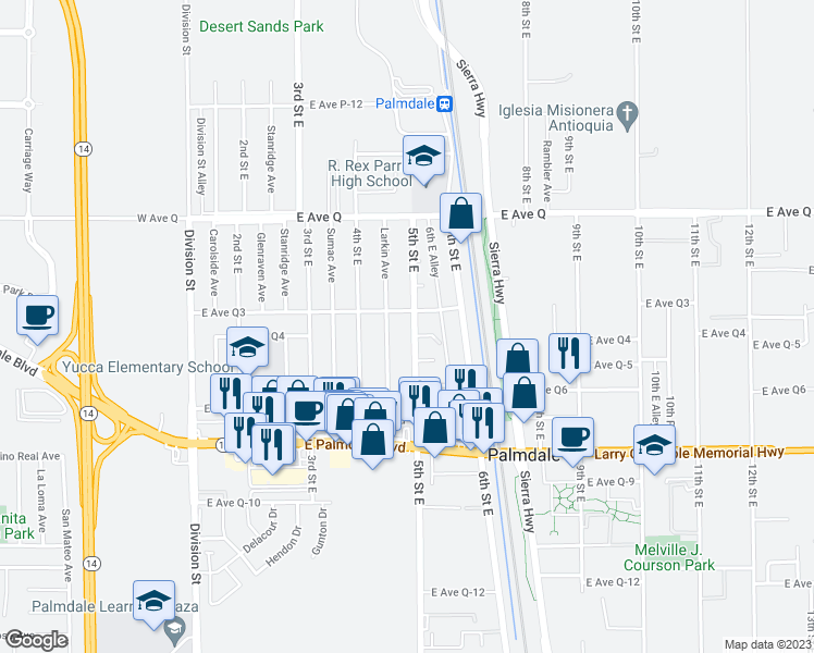 map of restaurants, bars, coffee shops, grocery stores, and more near 504 East Avenue Q-3 in Palmdale
