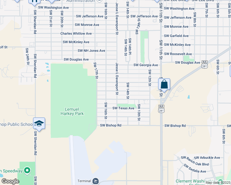 map of restaurants, bars, coffee shops, grocery stores, and more near 1415 Southwest Wisconsin Avenue in Lawton
