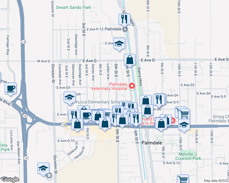 map of restaurants, bars, coffee shops, grocery stores, and more near 38569 5th Street East in Palmdale