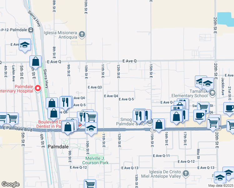 map of restaurants, bars, coffee shops, grocery stores, and more near 38619 12th Street East in Palmdale