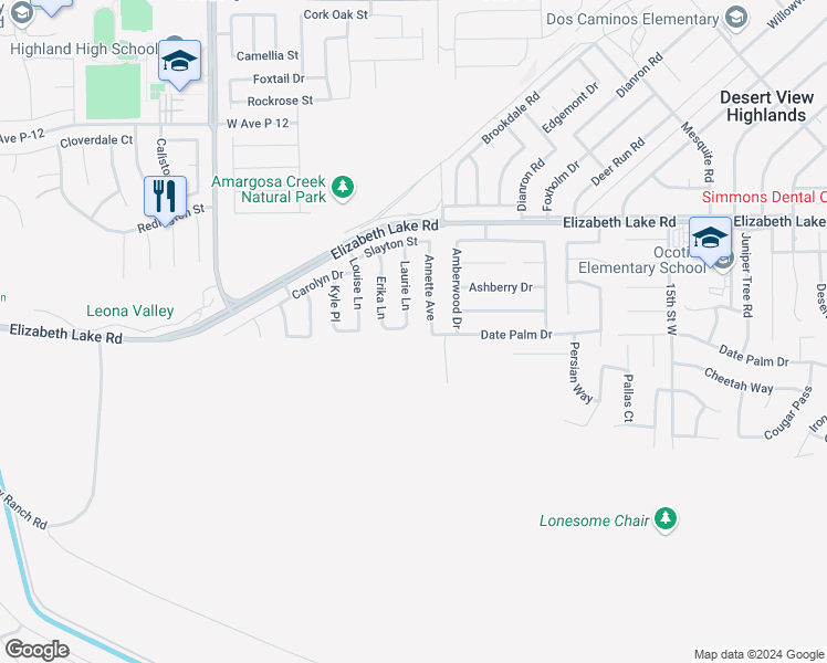map of restaurants, bars, coffee shops, grocery stores, and more near 38600 Laurie Lane in Leona Valley