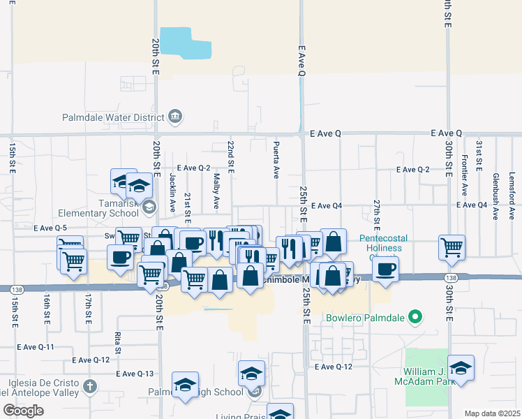 map of restaurants, bars, coffee shops, grocery stores, and more near 2260 East Avenue Q4 in Palmdale
