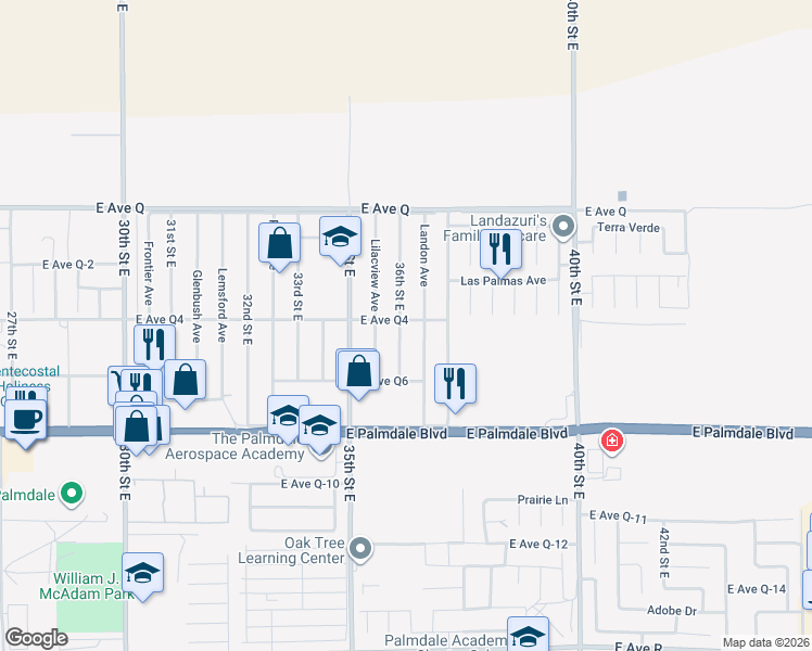 map of restaurants, bars, coffee shops, grocery stores, and more near 38550 36th Street East in Palmdale