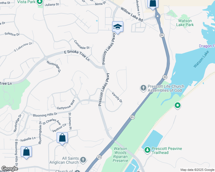 map of restaurants, bars, coffee shops, grocery stores, and more near 1430 Varsity Drive in Prescott