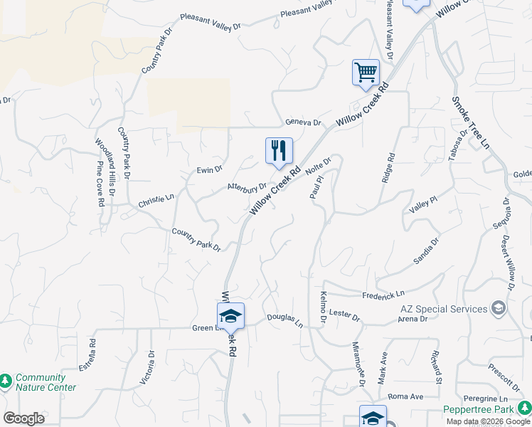 map of restaurants, bars, coffee shops, grocery stores, and more near 2291 Willow Creek Road in Prescott
