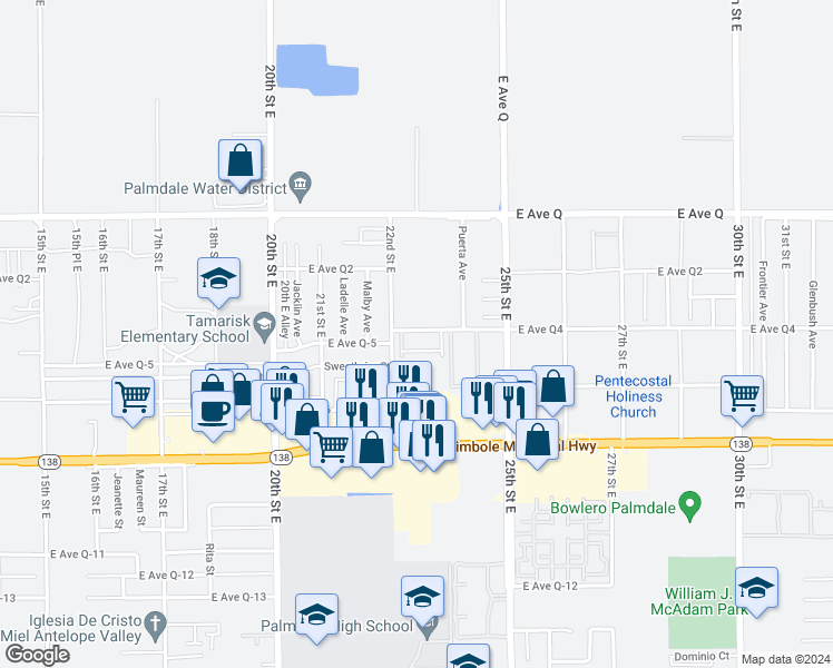 map of restaurants, bars, coffee shops, grocery stores, and more near 32 East Avenue Q-4 in Palmdale