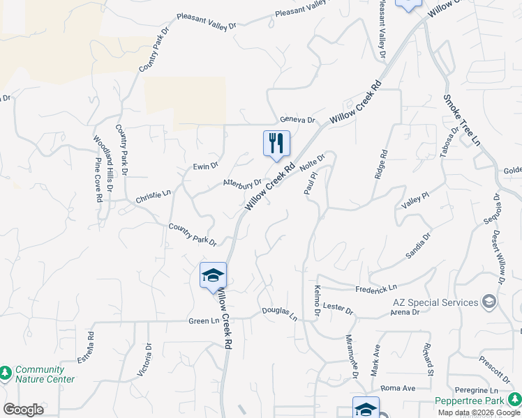 map of restaurants, bars, coffee shops, grocery stores, and more near 2291 Willow Creek Road in Prescott