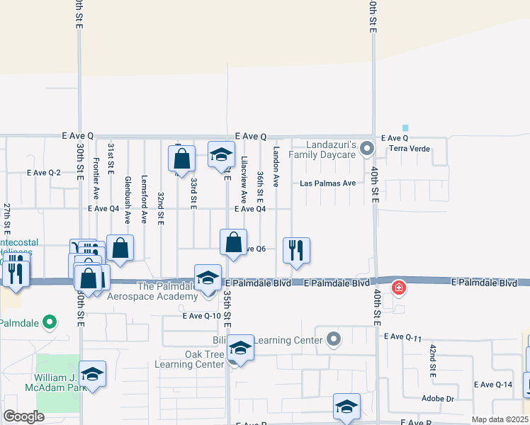 map of restaurants, bars, coffee shops, grocery stores, and more near 38550 36th Street East in Palmdale
