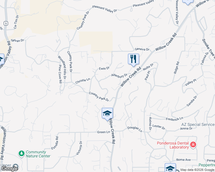 map of restaurants, bars, coffee shops, grocery stores, and more near 2325 Cyclorama Drive in Prescott