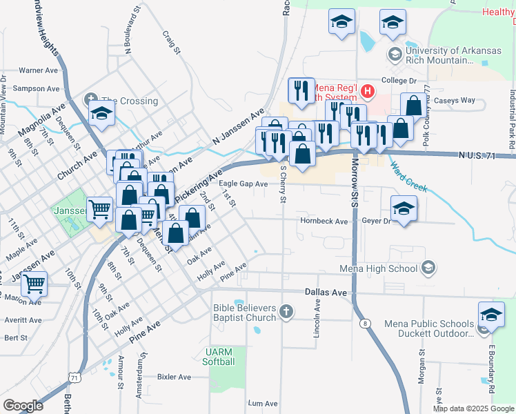 map of restaurants, bars, coffee shops, grocery stores, and more near 309 Jenny Lind Drive in Mena