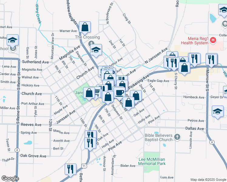 map of restaurants, bars, coffee shops, grocery stores, and more near Mena Street in Mena