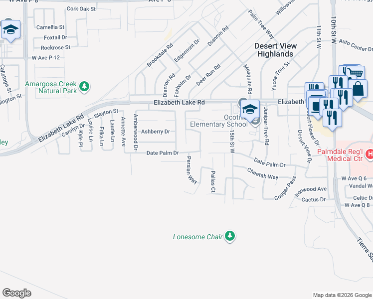 map of restaurants, bars, coffee shops, grocery stores, and more near 1659 Date Palm Drive in Palmdale