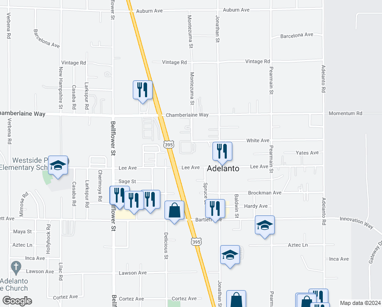 map of restaurants, bars, coffee shops, grocery stores, and more near 11 Montezuma Street in Adelanto