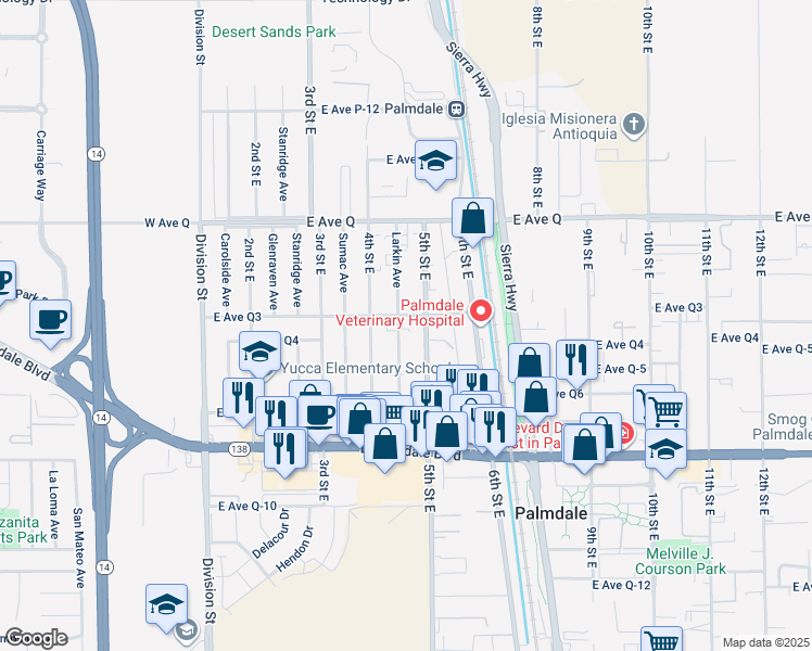 map of restaurants, bars, coffee shops, grocery stores, and more near 417 East Avenue Q3 in Palmdale