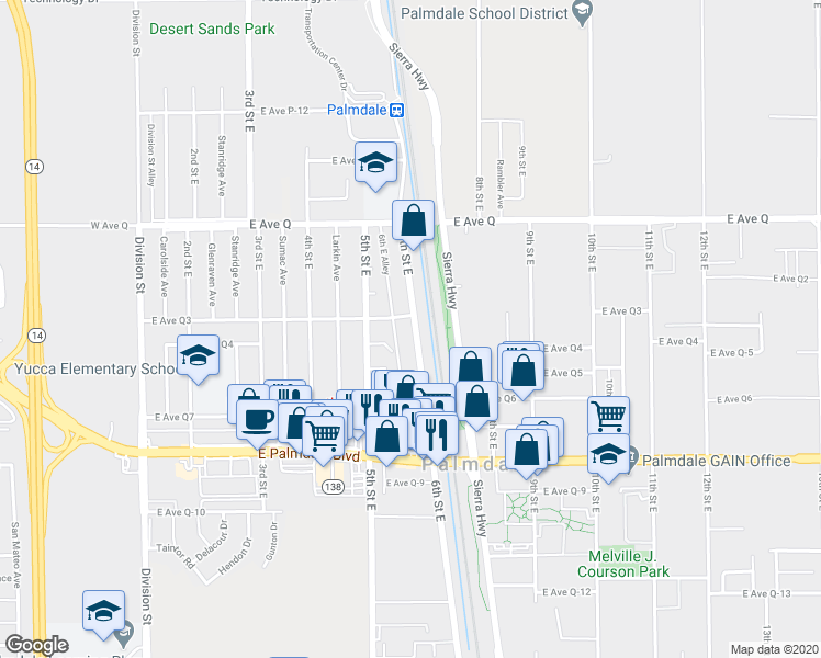 map of restaurants, bars, coffee shops, grocery stores, and more near 38573 6th Street East in Palmdale