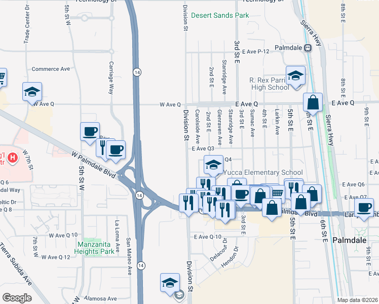 map of restaurants, bars, coffee shops, grocery stores, and more near 102 East Avenue Q3 in Palmdale