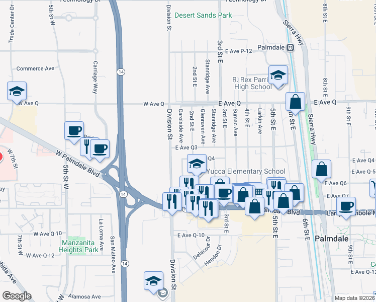 map of restaurants, bars, coffee shops, grocery stores, and more near 146 East Avenue Q3 in Palmdale
