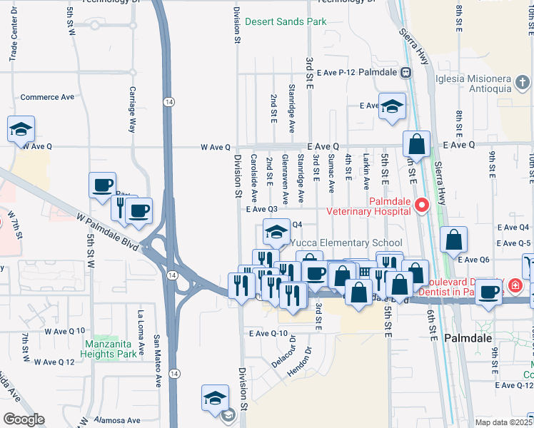 map of restaurants, bars, coffee shops, grocery stores, and more near 146 East Avenue Q3 in Palmdale