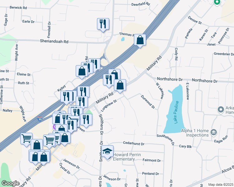 map of restaurants, bars, coffee shops, grocery stores, and more near 2123 Military Road in Benton