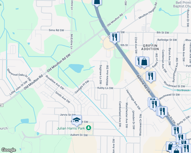 map of restaurants, bars, coffee shops, grocery stores, and more near 2301 Gaslight Court Southwest in Decatur