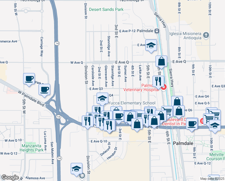 map of restaurants, bars, coffee shops, grocery stores, and more near 232 East Avenue Q-3 in Palmdale
