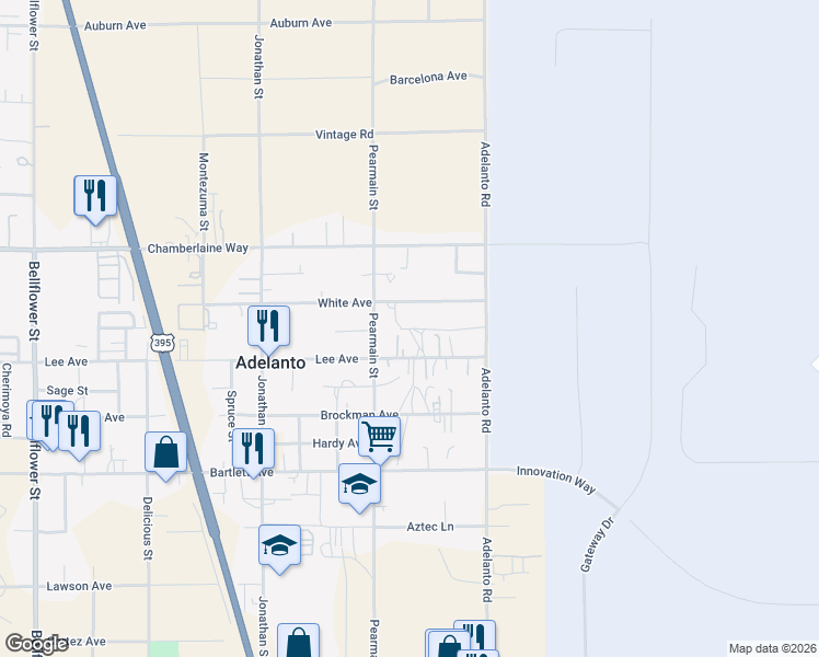 map of restaurants, bars, coffee shops, grocery stores, and more near Yates Avenue in Adelanto
