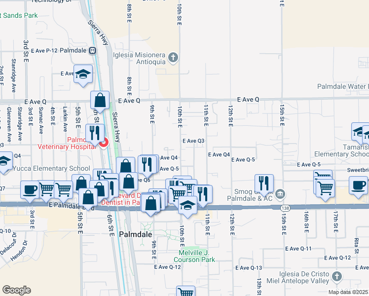 map of restaurants, bars, coffee shops, grocery stores, and more near 38578 10th Street East in Palmdale