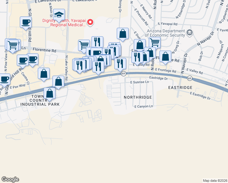 map of restaurants, bars, coffee shops, grocery stores, and more near 55 East Crystal Air Drive in Prescott Valley