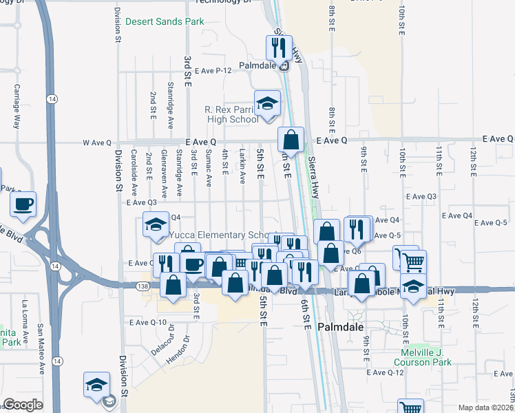 map of restaurants, bars, coffee shops, grocery stores, and more near 504 East Avenue Q-3 in Palmdale
