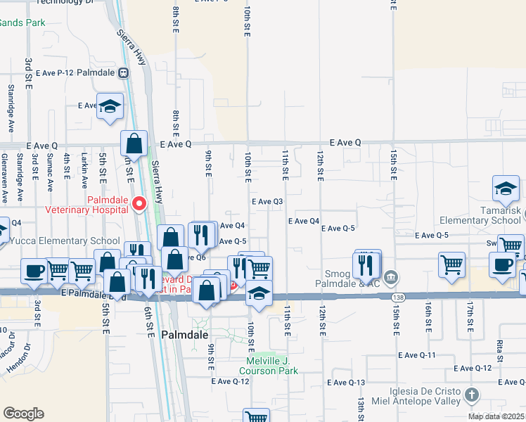 map of restaurants, bars, coffee shops, grocery stores, and more near 38578 10th Street East in Palmdale