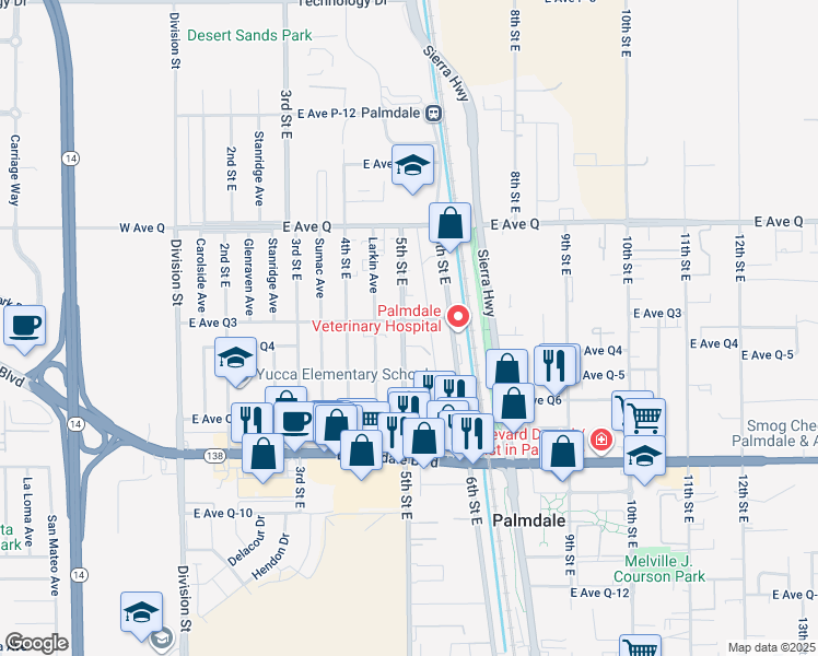 map of restaurants, bars, coffee shops, grocery stores, and more near 504 East Avenue Q-3 in Palmdale