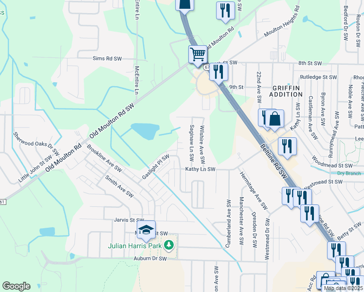 map of restaurants, bars, coffee shops, grocery stores, and more near 2301 Gaslight Court Southwest in Decatur