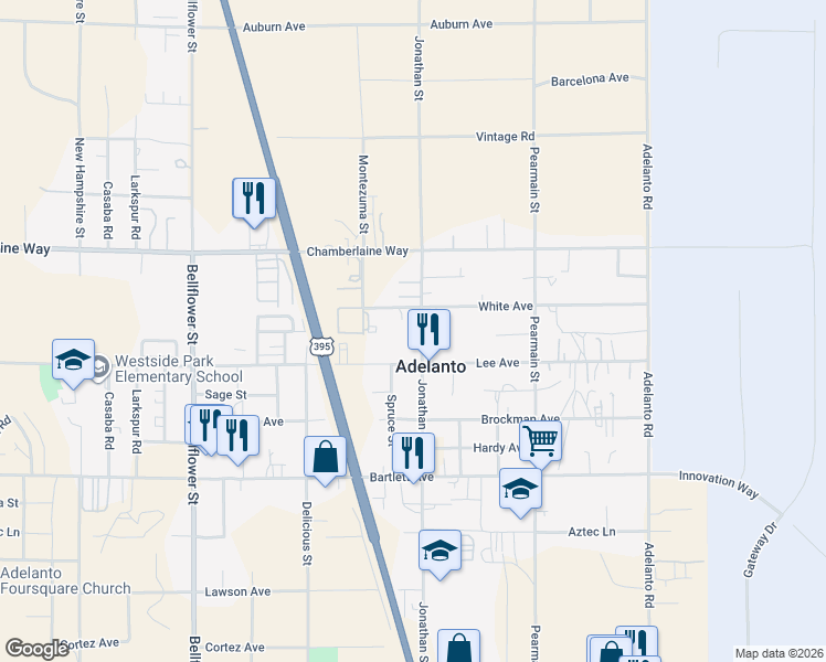 map of restaurants, bars, coffee shops, grocery stores, and more near 18367 Jonathan Street in Adelanto