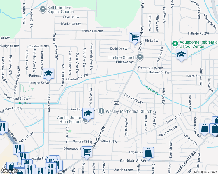 map of restaurants, bars, coffee shops, grocery stores, and more near 1220 Eleanor Drive Southwest in Decatur