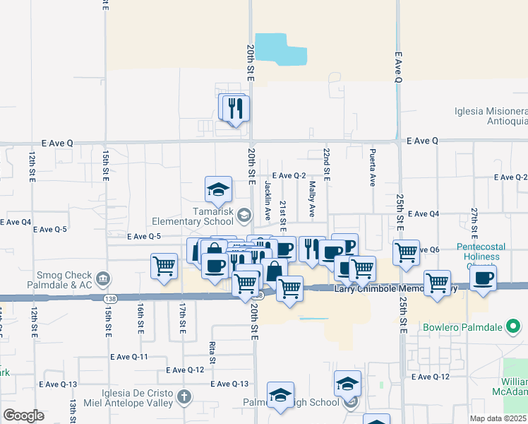 map of restaurants, bars, coffee shops, grocery stores, and more near 38583 Jacklin Avenue in Palmdale