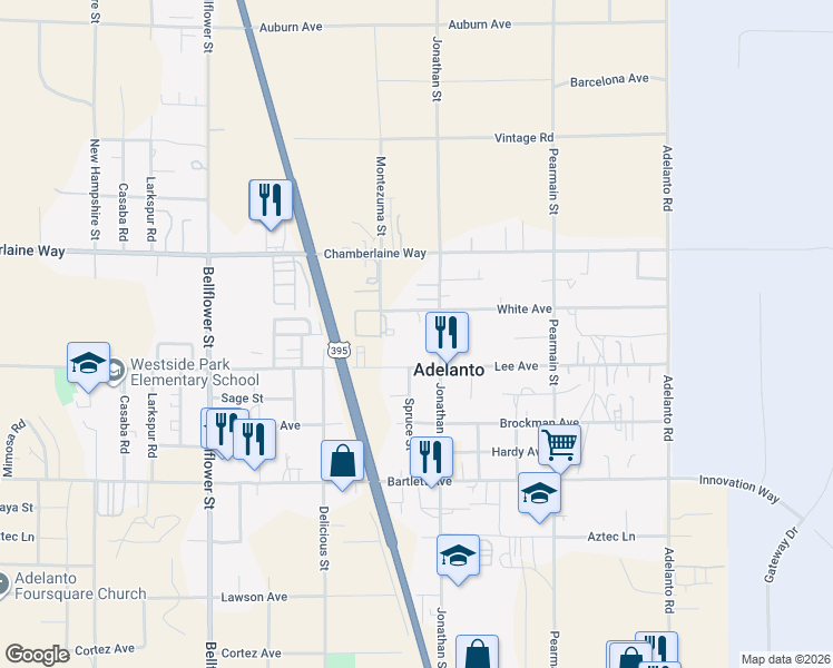 map of restaurants, bars, coffee shops, grocery stores, and more near 11663 White Avenue in Adelanto