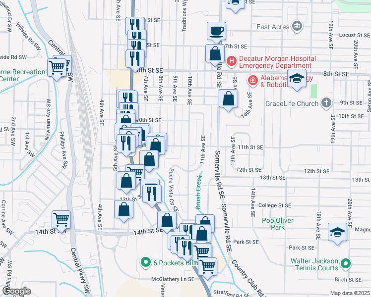map of restaurants, bars, coffee shops, grocery stores, and more near 1501 10th Avenue Southeast in Decatur