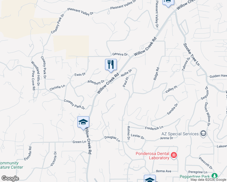 map of restaurants, bars, coffee shops, grocery stores, and more near 2296 Mission Way in Prescott