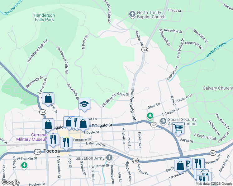 map of restaurants, bars, coffee shops, grocery stores, and more near 200 Craig Street in Toccoa